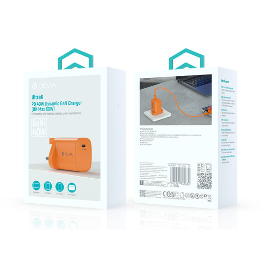 DEVIA Ultra6 PD40W Dynamic GaN Charger 60W Max Cosmic Orange