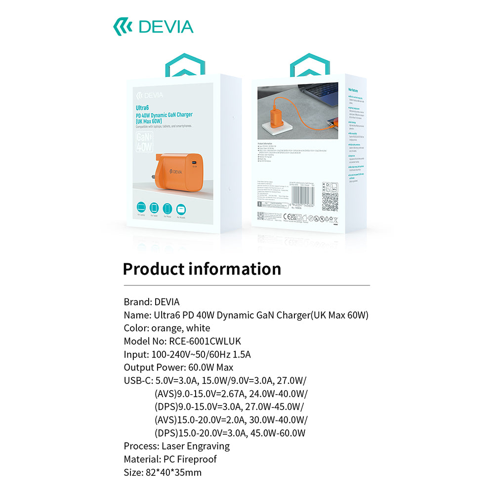 DEVIA Ultra6 PD40W Dynamic GaN Charger 60W Max White