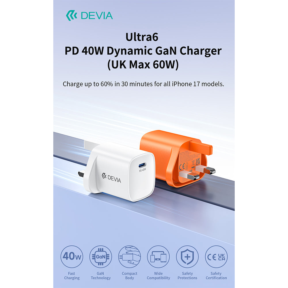 DEVIA Ultra6 PD40W Dynamic GaN Charger 60W Max Cosmic Orange