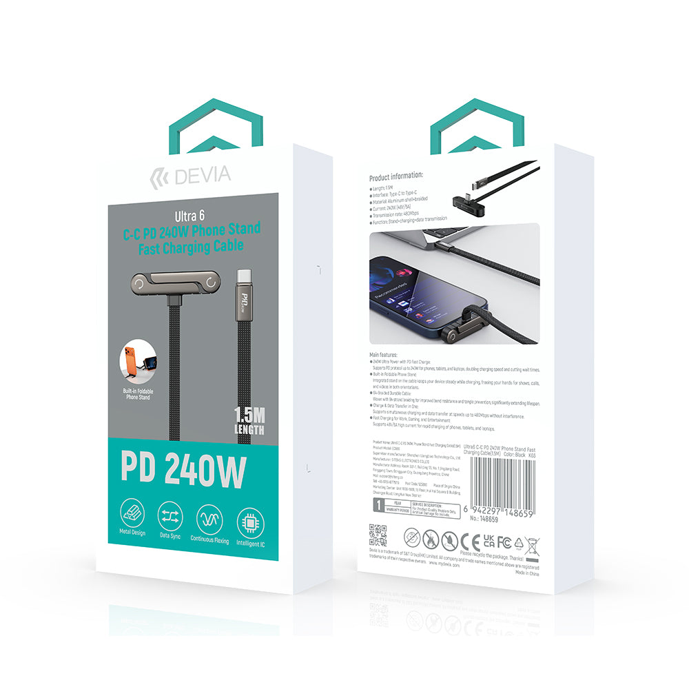 DEVIA Ultra6 USB-C to C 240W Phone Stand Fast Charging Cable 1.2m Black