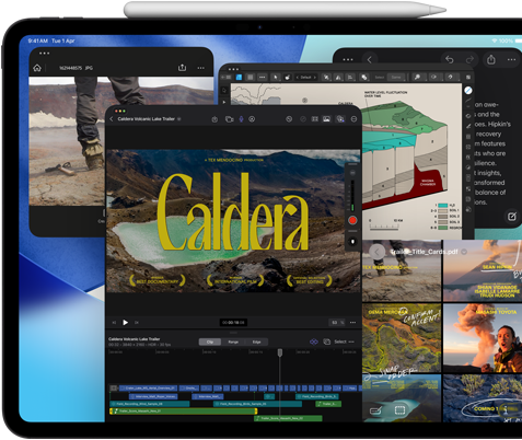 iPad Pro, front exterior, landscape orientation, space black colour, Apple Pencil resting atop device, display showing multiple app windows tiled, including Final Cut Pro with multiple video editing features and timeline, Maps, Notes and various media clips