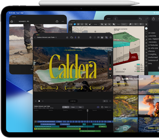 iPad Pro, front exterior, landscape orientation, space black colour, Apple Pencil resting atop device, display showing multiple app windows tiled, including Final Cut Pro with multiple video editing features and timeline, Maps, Notes and various media clips