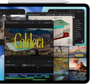 iPad Pro, front exterior, landscape orientation, space black colour, Apple Pencil resting atop device, display showing multiple app windows tiled, including Final Cut Pro with multiple video editing features and timeline, Maps, Notes and various media clips
