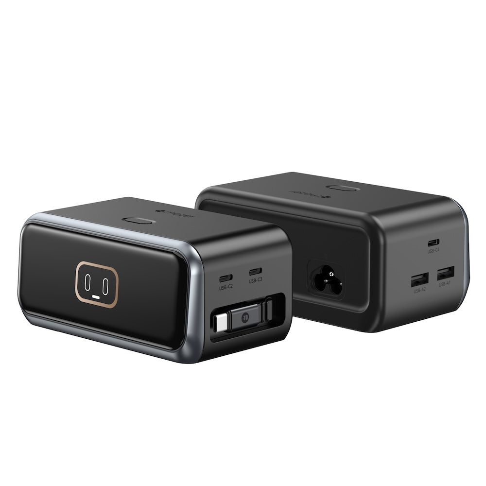 Mazer PrestigeGaN Ai 6 Ports GaN Desktop Charger 200W with Retractable USB-C Cable - Black