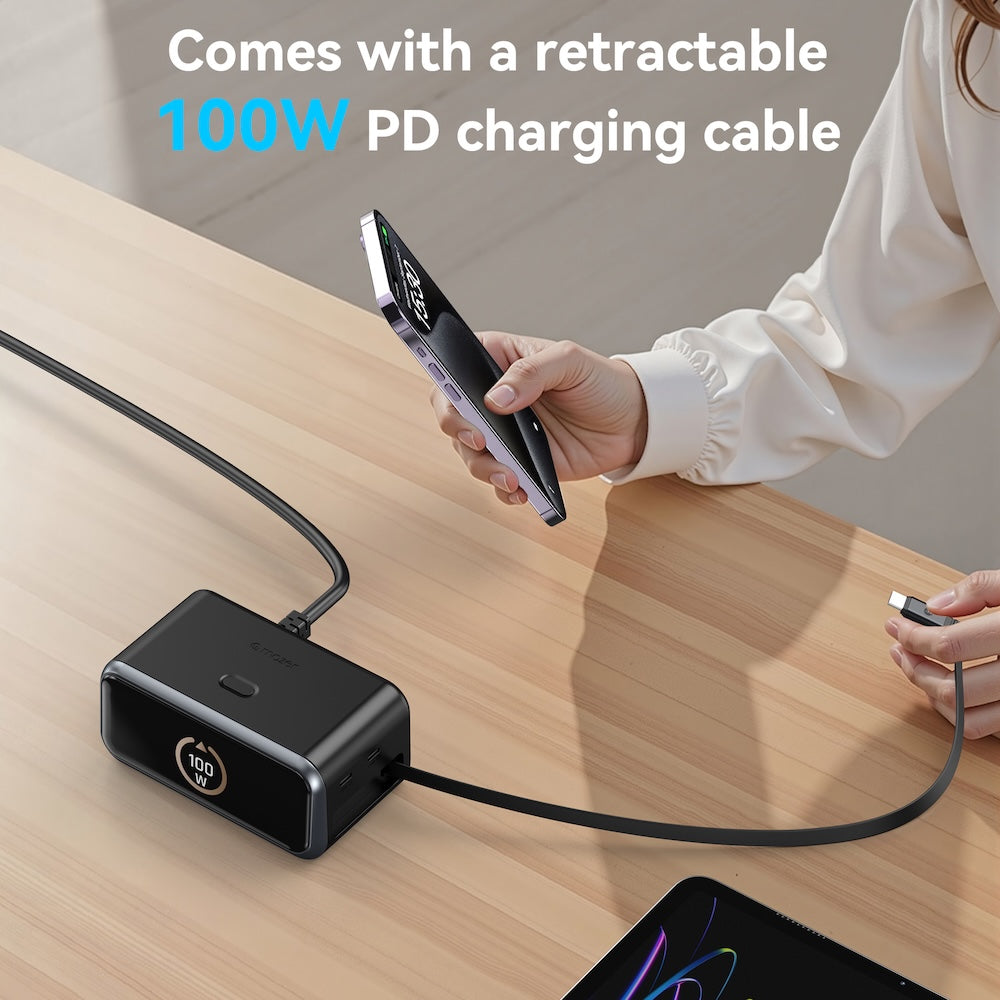 Mazer PrestigeGaN Ai 6 Ports GaN Desktop Charger 200W with Retractable USB-C Cable - Black