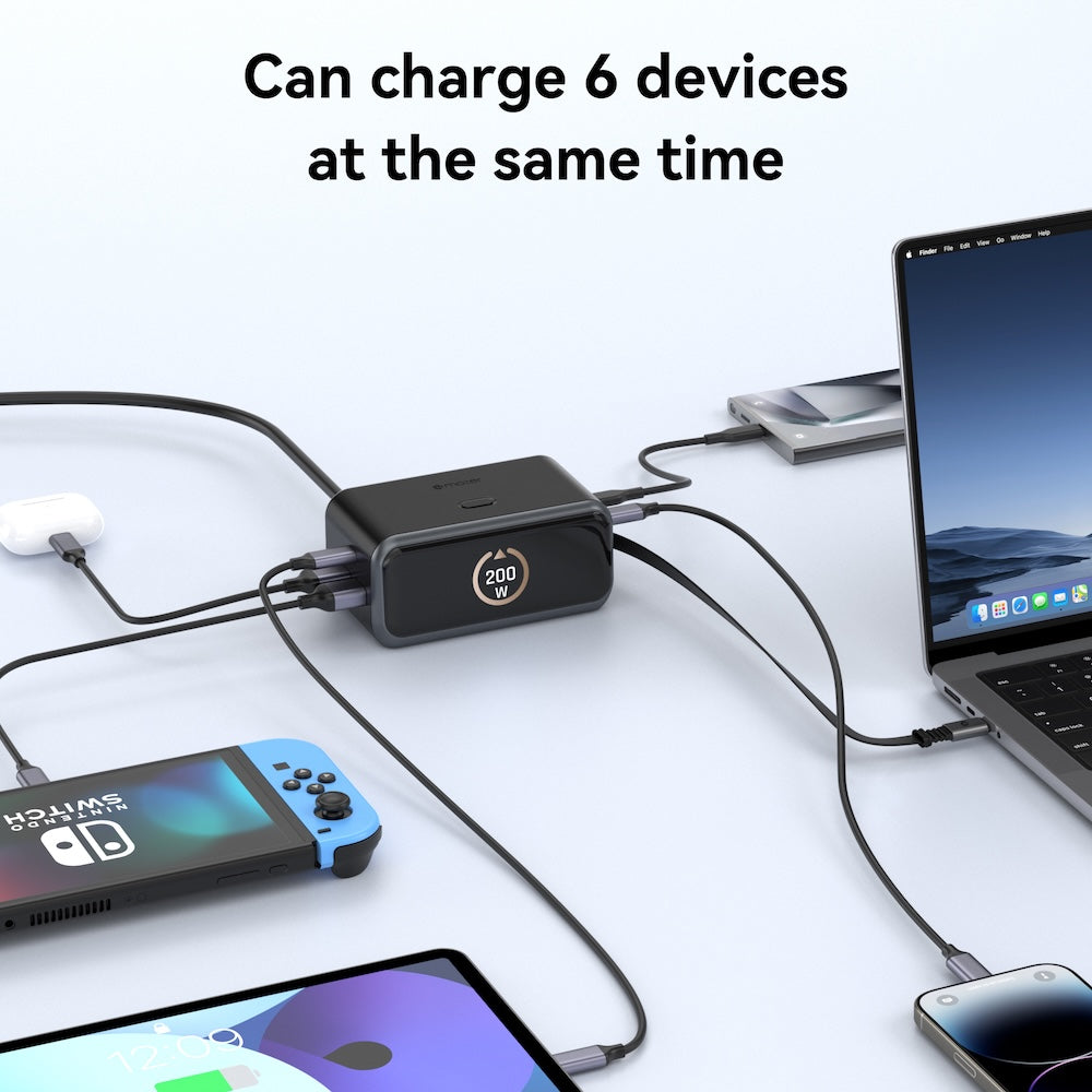 Mazer PrestigeGaN Ai 6 Ports GaN Desktop Charger 200W with Retractable USB-C Cable - Black