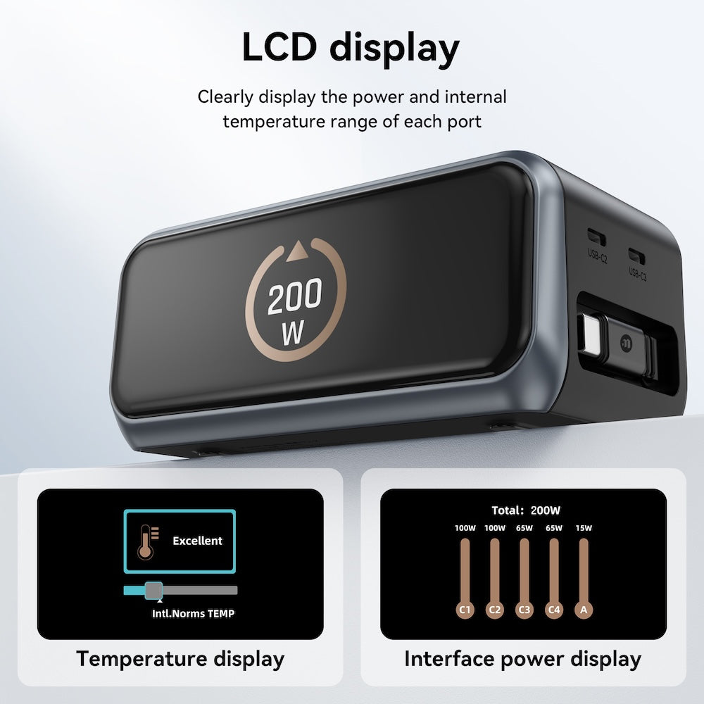 Mazer PrestigeGaN Ai 6 Ports GaN Desktop Charger 200W with Retractable USB-C Cable - Black