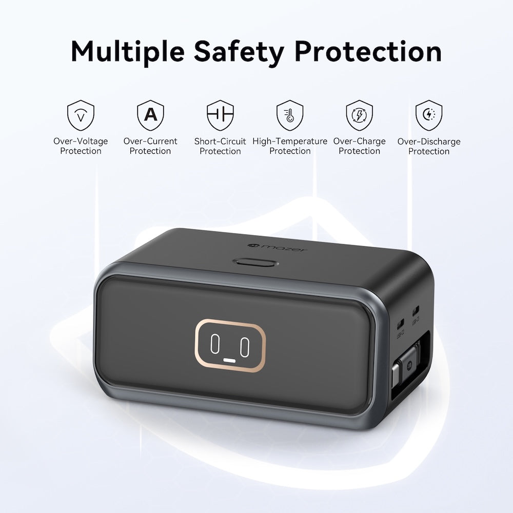 Mazer PrestigeGaN Ai 6 Ports GaN Desktop Charger 200W with Retractable USB-C Cable - Black
