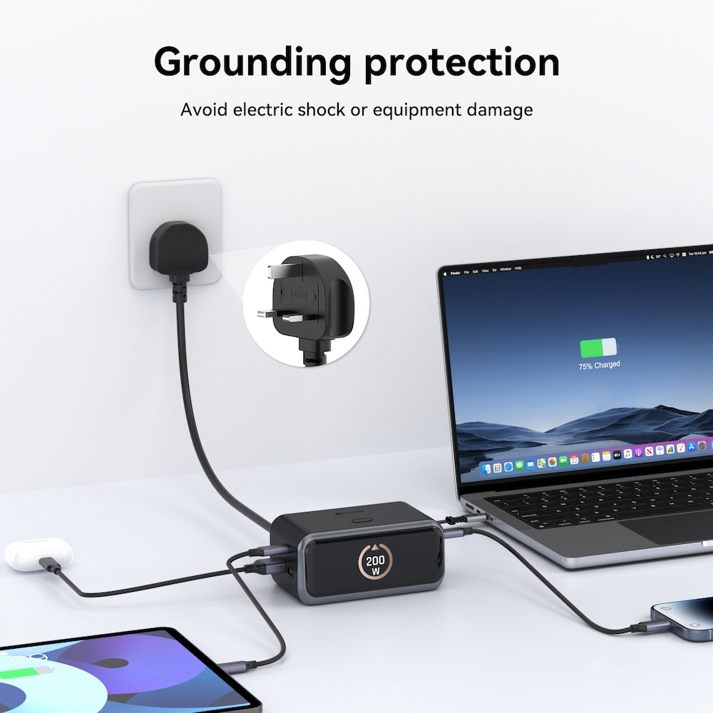 Mazer PrestigeGaN Ai 6 Ports GaN Desktop Charger 200W with Retractable USB-C Cable - Black