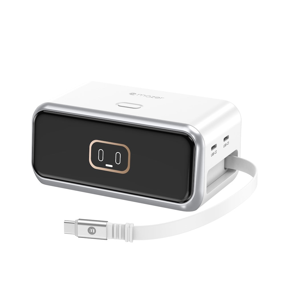 Mazer PrestigeGaN Ai 6 Ports GaN Desktop Charger 200W with Retractable USB-C Cable - White
