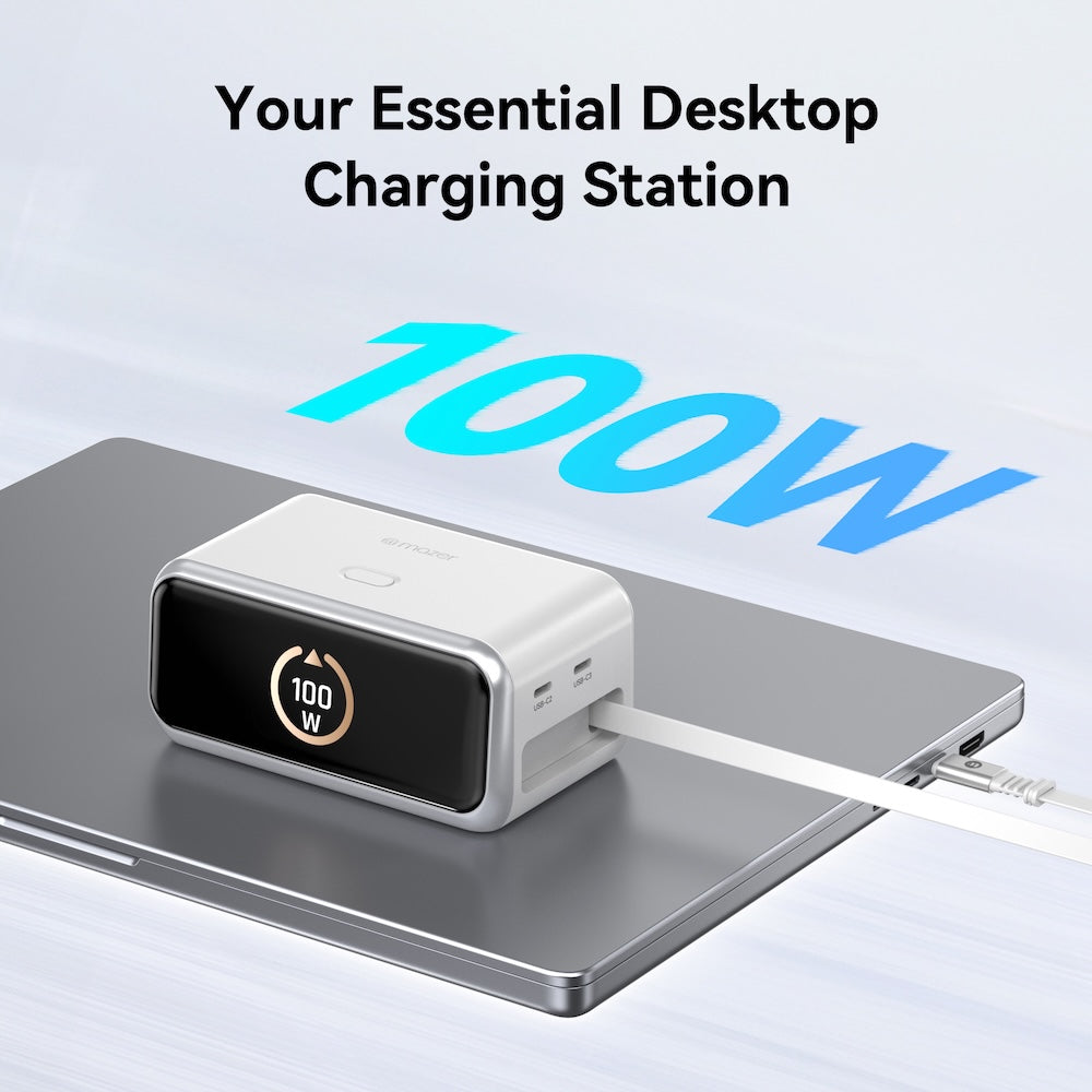 Mazer PrestigeGaN Ai 6 Ports GaN Desktop Charger 200W with Retractable USB-C Cable - White
