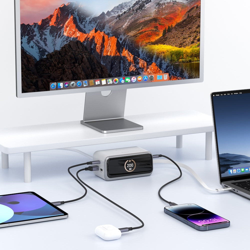 Mazer PrestigeGaN Ai 6 Ports GaN Desktop Charger 200W with Retractable USB-C Cable - White