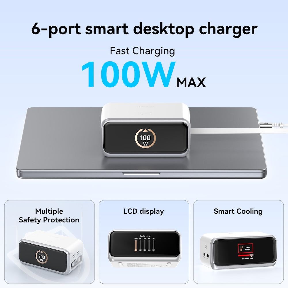 Mazer PrestigeGaN Ai 6 Ports GaN Desktop Charger 200W with Retractable USB-C Cable - White