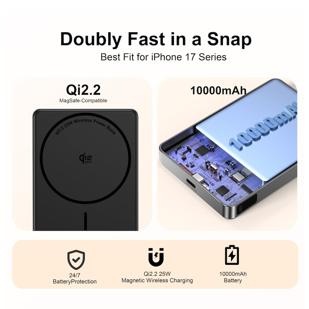 Mazer MagAir31 10000 mAh Qi2.2 25W Magnetic Powerbank Black