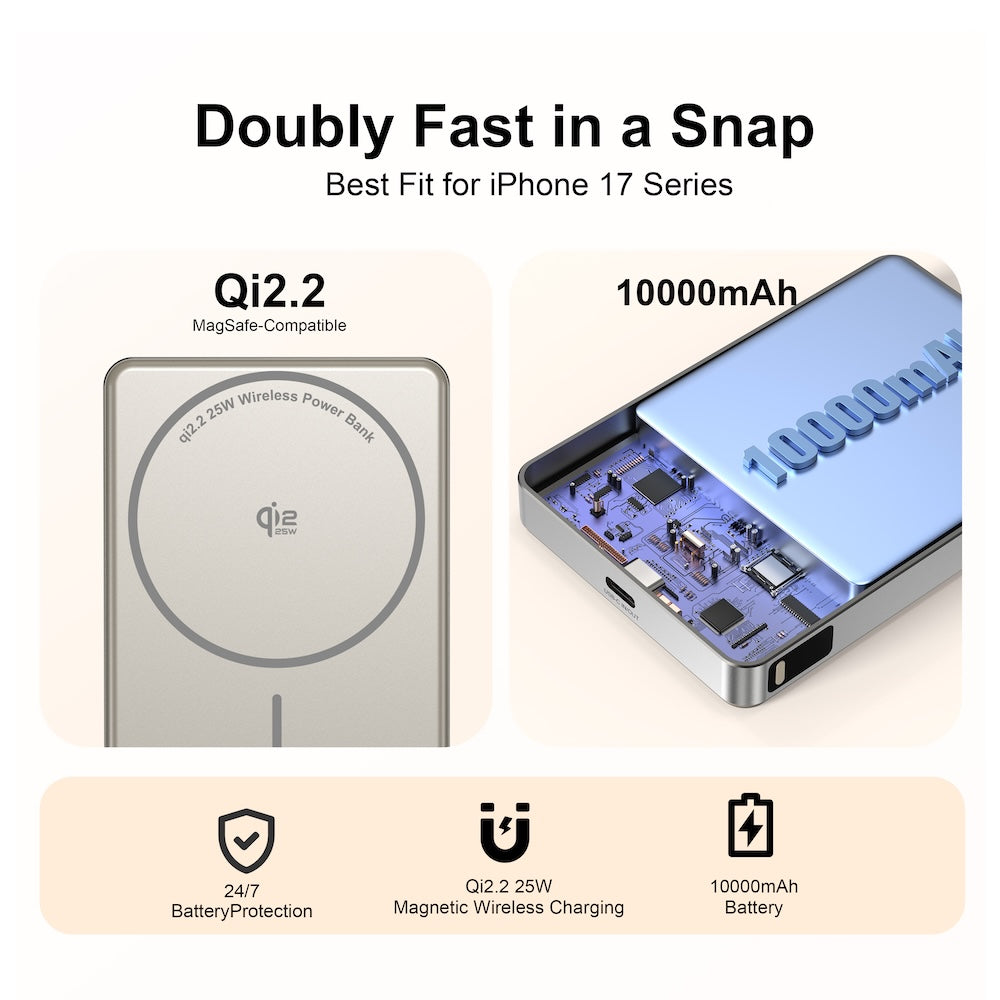 Mazer MagAir31 10000 mAh Qi2.2 25W Magnetic Powerbank Natural Titanium