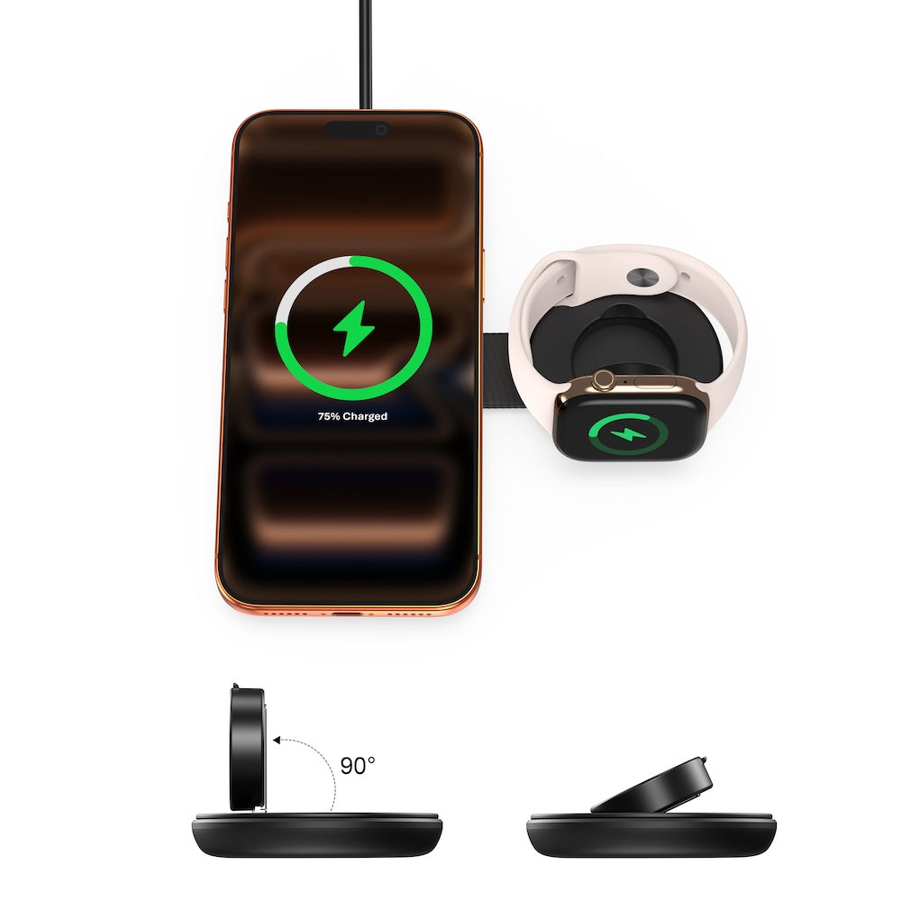 Mazer MagPad Duo2 Qi2.2 Certified 25W 2-in-1 Foldable Wireless Charging Pad Black