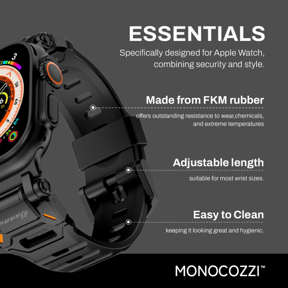 Monocozzi ESSENTIALS Robust FKM Rubber Strap 44/45/46/49mm Black