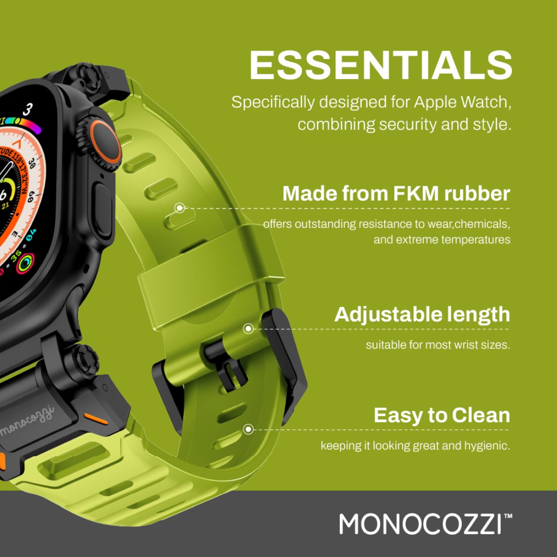 Monocozzi ESSENTIALS Robust FKM Rubber Strap 44/45/46/49mm Olive