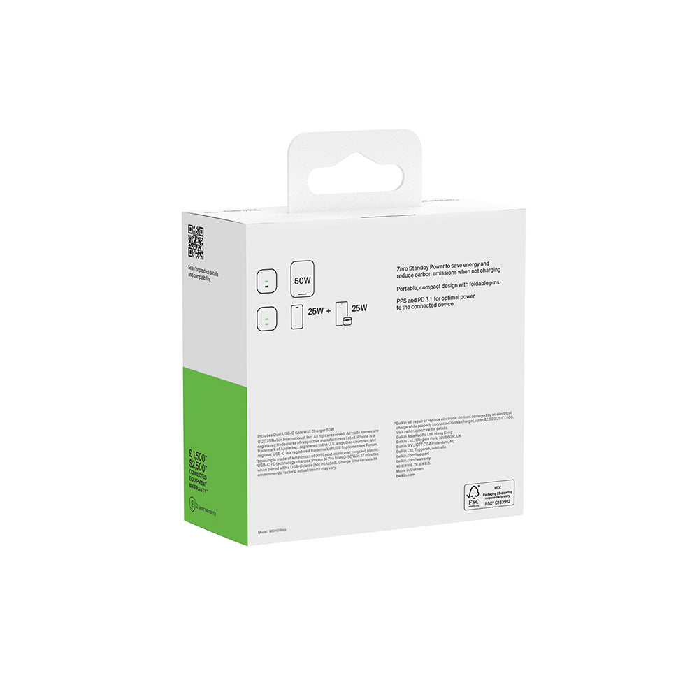 Belkin BoostCharge Pro Dual USB-C GaN Wall Charger 50W - White