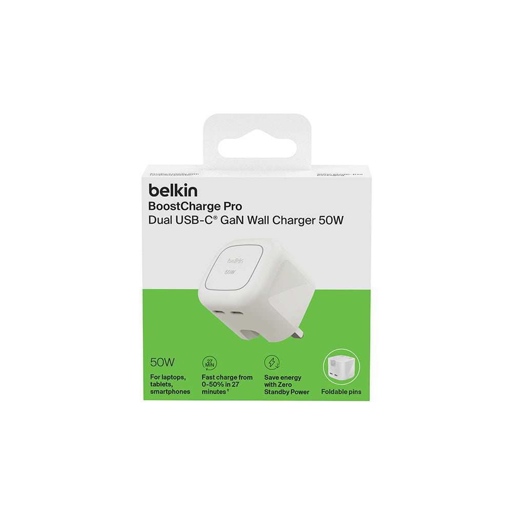 Belkin BoostCharge Pro Dual USB-C GaN Wall Charger 50W - White