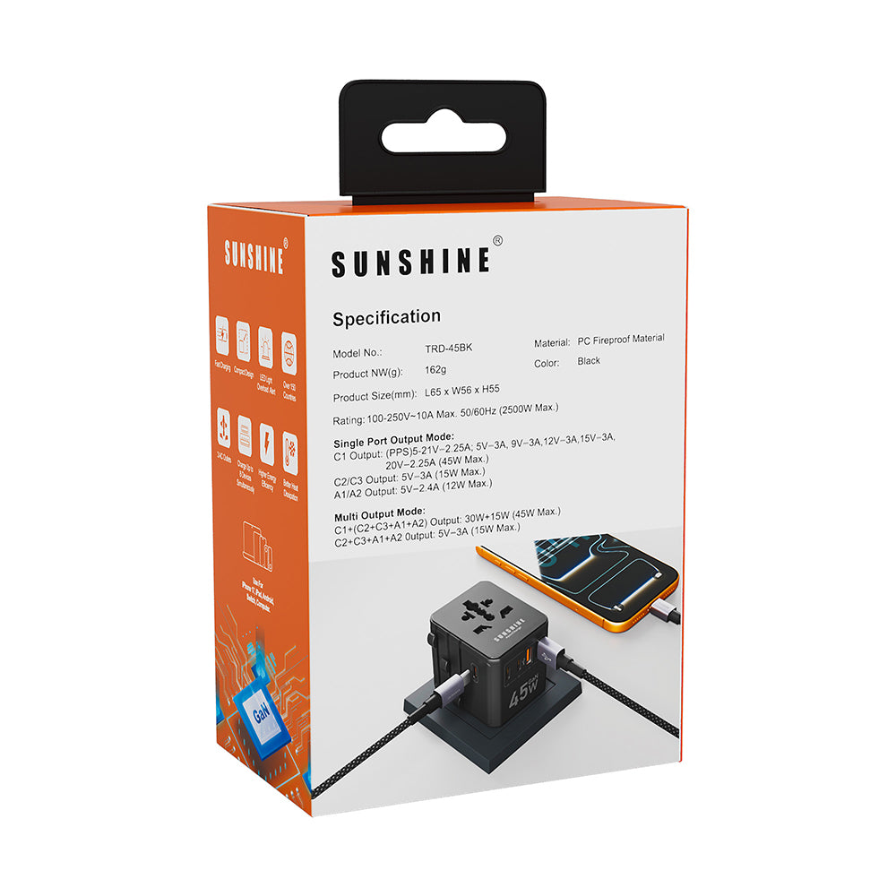 Sunshine ApexCharge GaN III 45W Travel Adapter - Black
