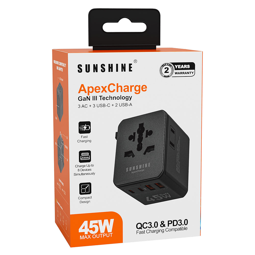 Sunshine ApexCharge GaN III 45W Travel Adapter - Black