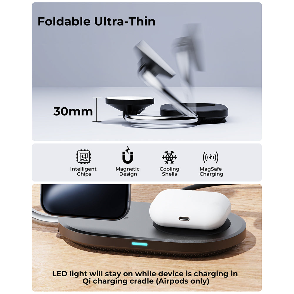 Voltme MagPak Qi2 15W 3-in-1 Wireless Charger with 40W Wall Plug + 1.5m Cable Black