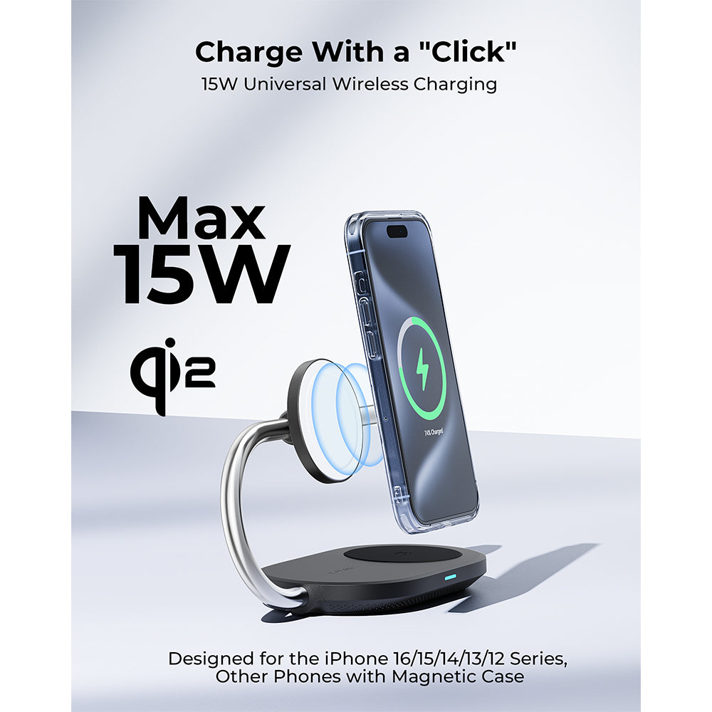 Voltme MagPak Qi2 15W 3-in-1 Wireless Charger with 40W Wall Plug + 1.5m Cable Black