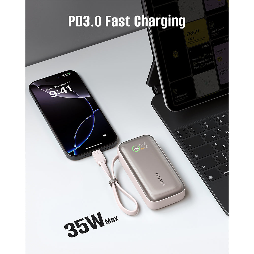 Voltme Hypercore Z 10K mAh PowerBank with Built-in USB-C Cable Sakura