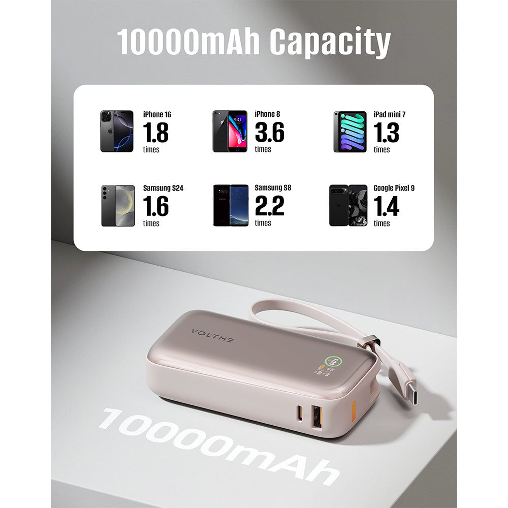Voltme Hypercore Z 10K mAh PowerBank with Built-in USB-C Cable Sakura