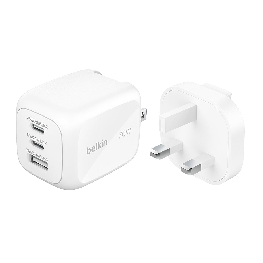 Belkin 70W 3-port GAN Wall Charger with Travel Plug & Travel Pouch White
