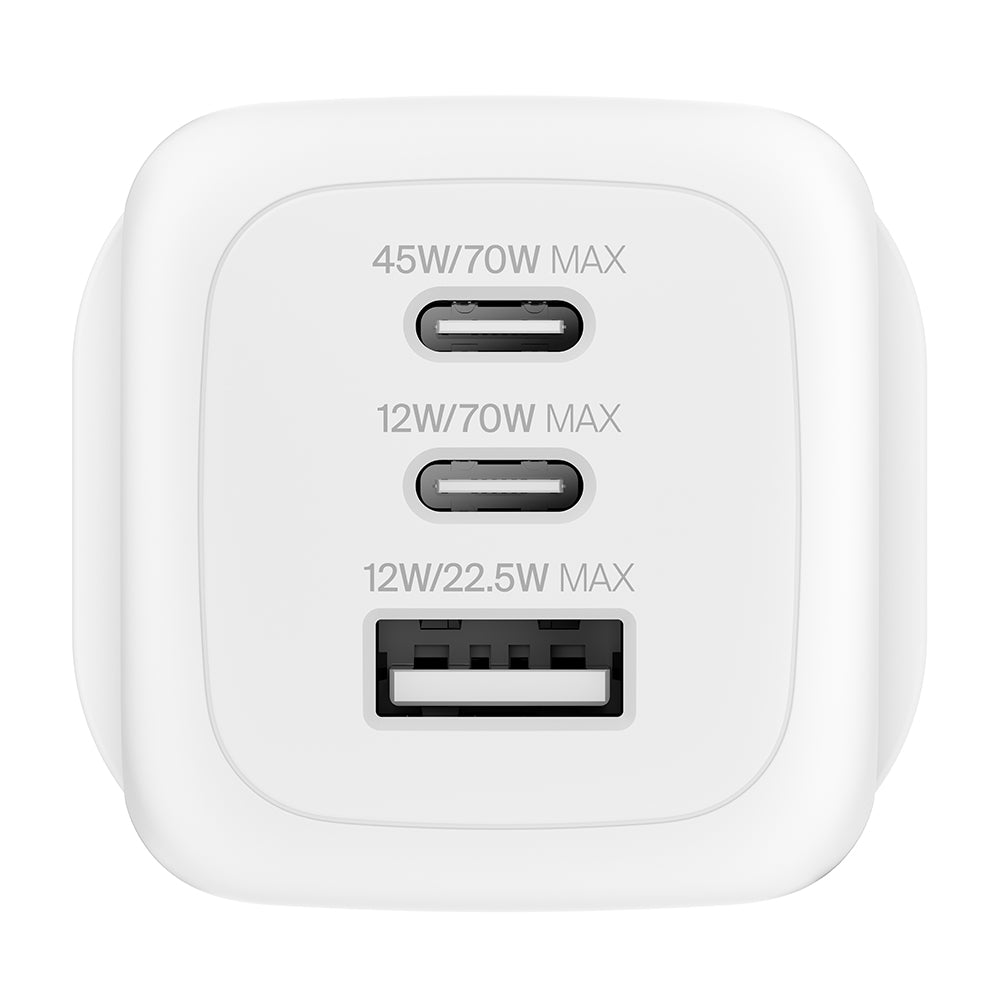 Belkin 70W 3-port GAN Wall Charger with Travel Plug & Travel Pouch White