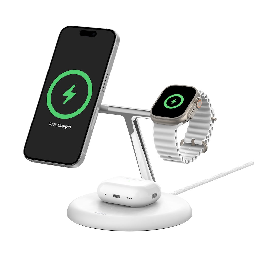 Belkin Qi2 3-in-1 Wireless Charging Stand (White)