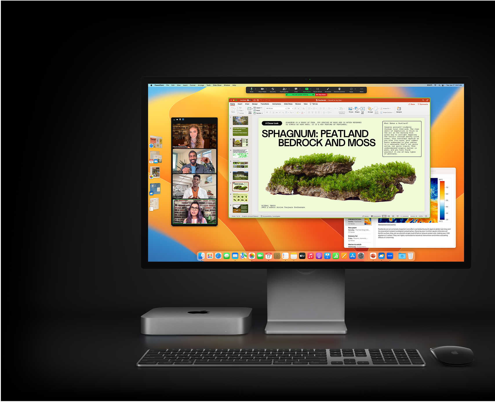 Mac mini with Magic Mouse, Magic Keyboard, and Studio Display showing a Microsoft PowerPoint presentation being shared in a Zoom meeting, with the Notes app in the background.