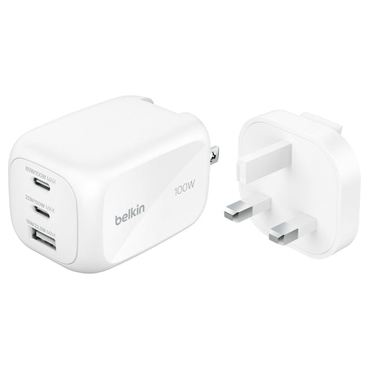 Belkin BoostCharge Pro 100W 3-Ports GAN Wall Charger with International Plug White