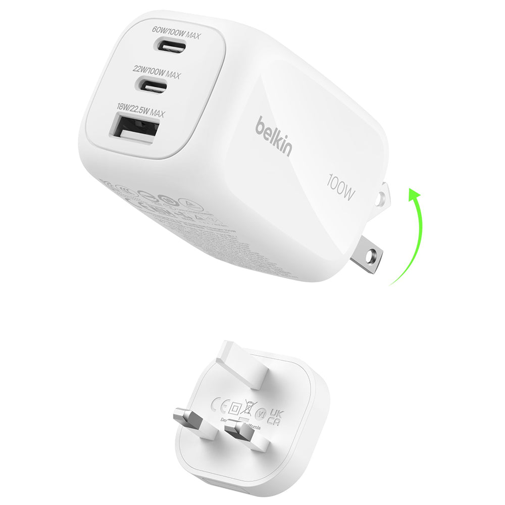Belkin BoostCharge Pro 100W 3-Ports GAN Wall Charger with International Plug White