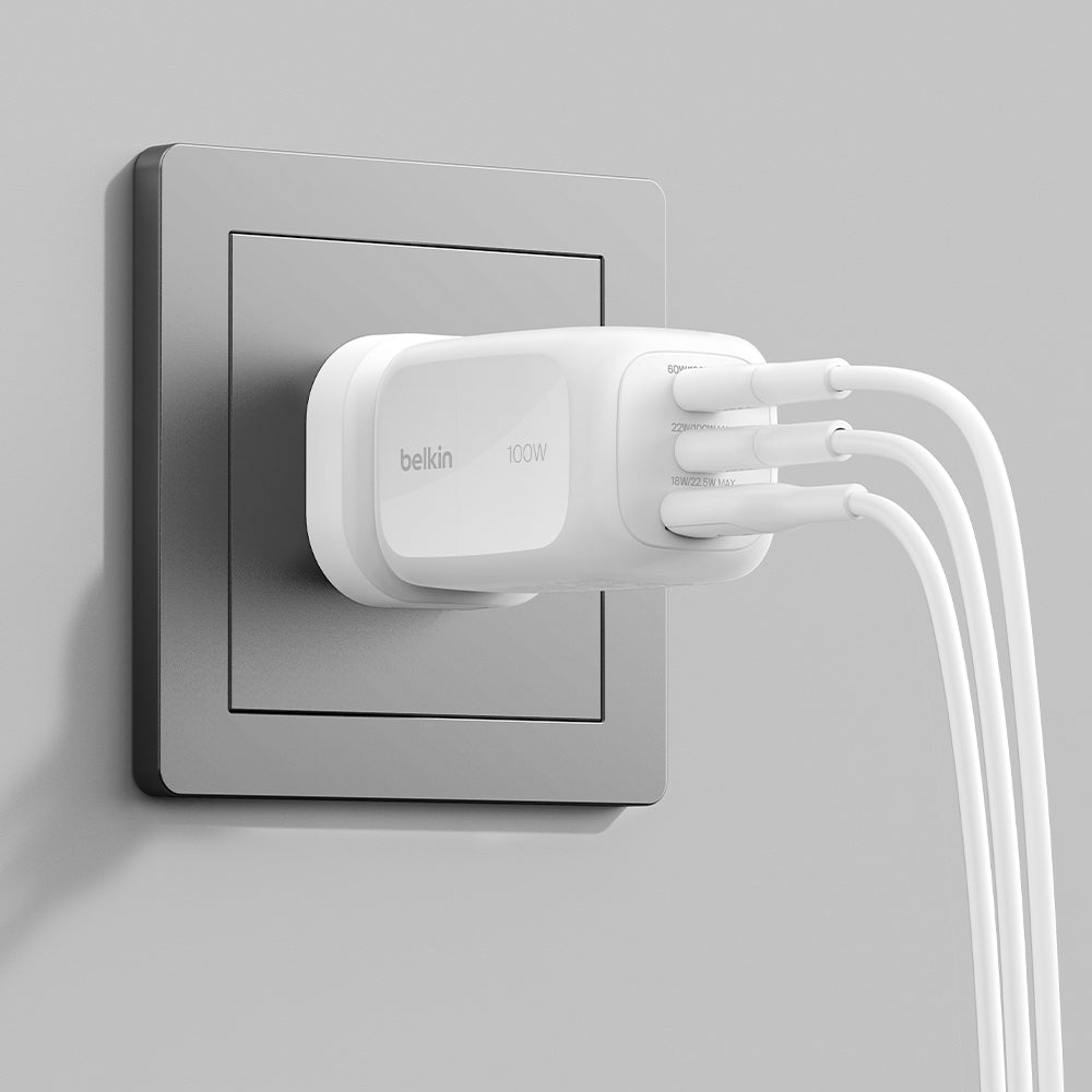 Belkin BoostCharge Pro 100W 3-Ports GAN Wall Charger with International Plug White